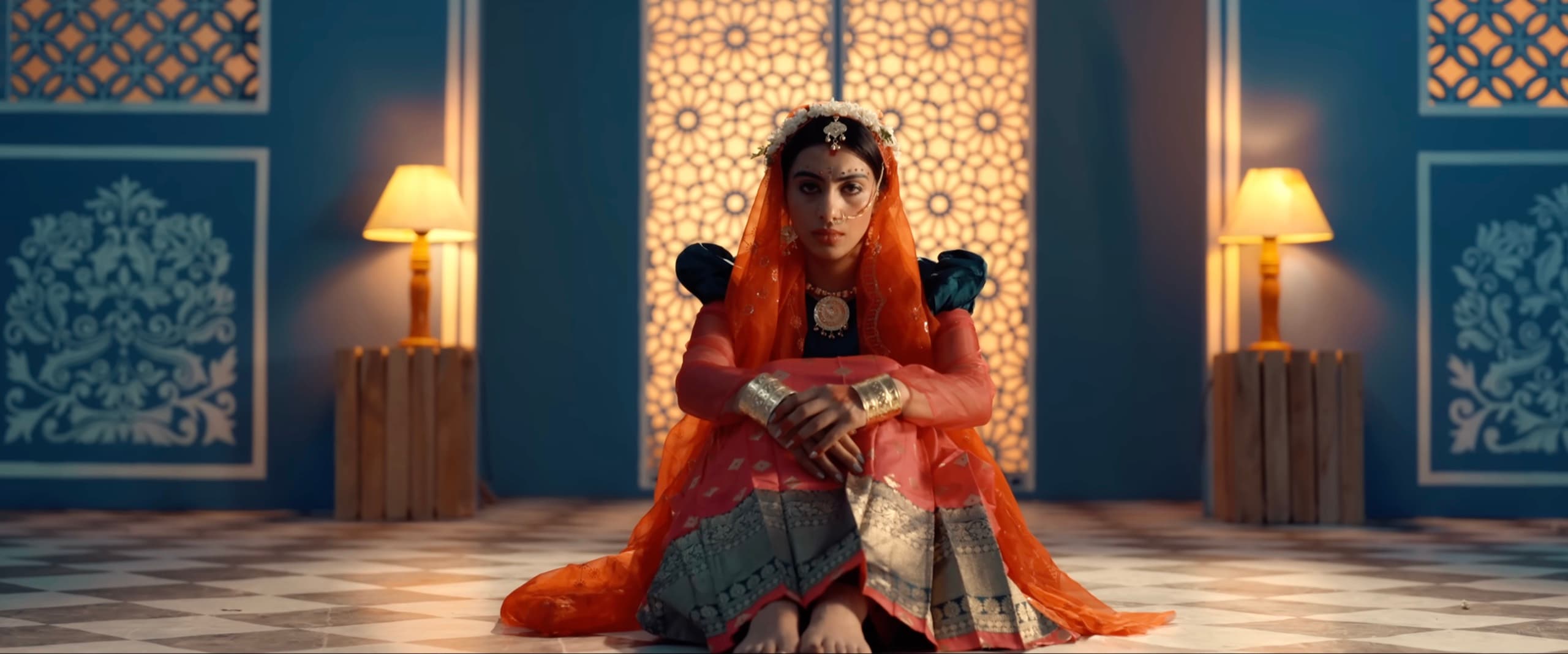 Ranjani in a saffron dupatta seated in a blue Jaipur palace room